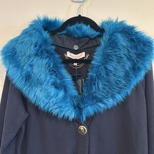 NEW Juicy Couture Womens Faux Fur Trim Cardigan M Navy Blue Pockets Buttons $248